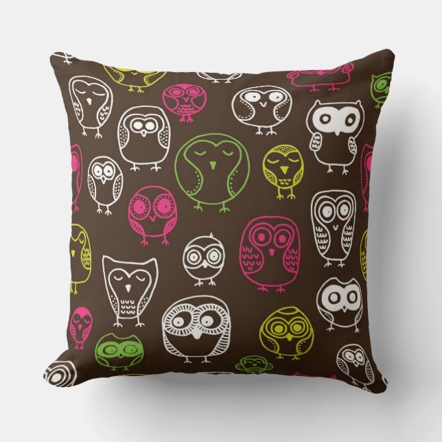 Colorful owl doodle background pattern throw pillow (Front)