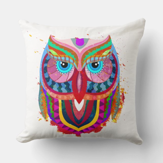 Colorful Owl Illustration Pillow (Front)