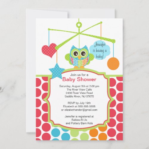 Colorful Owl Mobile Baby Shower Invitations