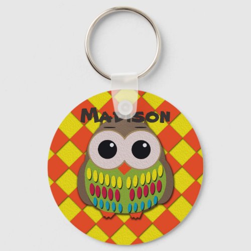 Colorful Owl on Yellow and Orange Checkered Keychain