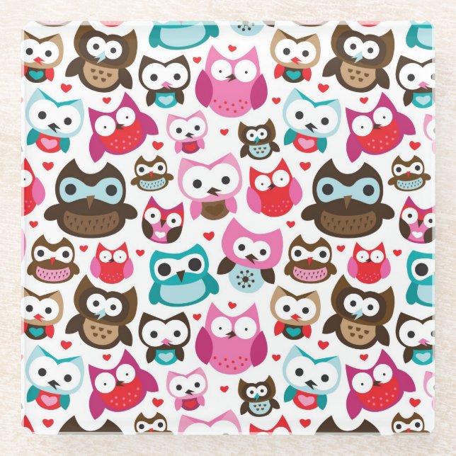 colorful owl pattern glass coaster (Front)