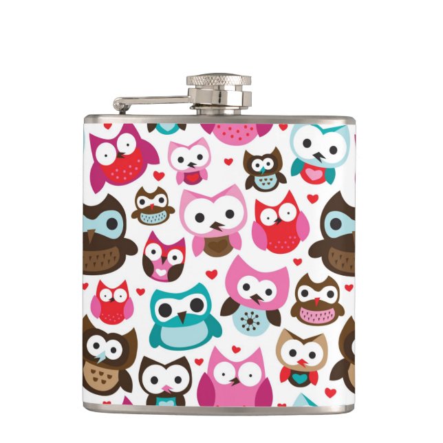 colorful owl pattern hip flask (Front)