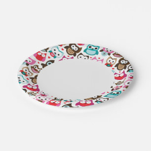 colorful owl pattern paper plates