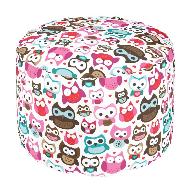colorful owl pattern pouf (Angled Front)