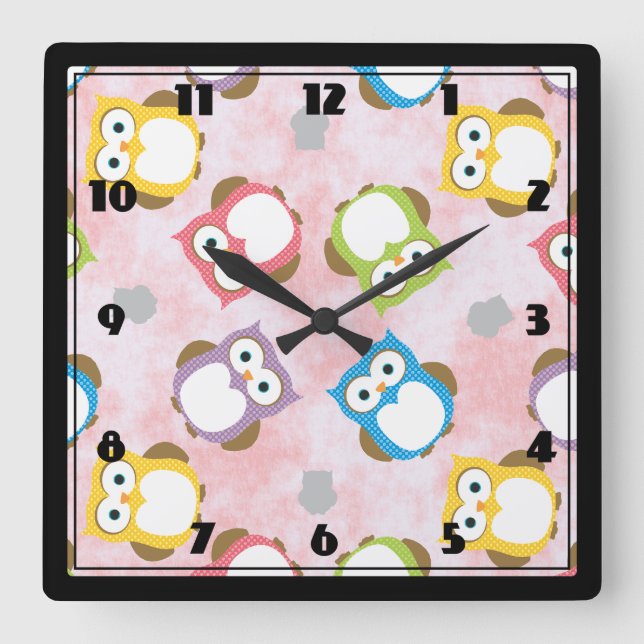 Colorful Owl pattern Square Wall Clock (Front)