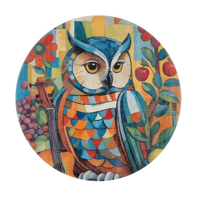 Colorful Owl Still life Portrait Cutting Board (Front)