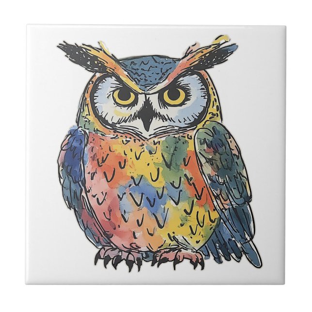 Colorful Owl Watercolor Ceramic Tile (Front)