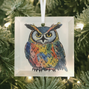 Colorful Owl Watercolor Glass Ornament