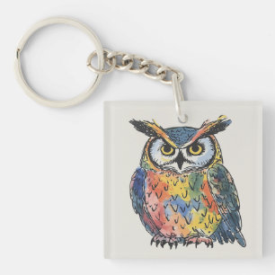 Colorful Owl Watercolor Keychain