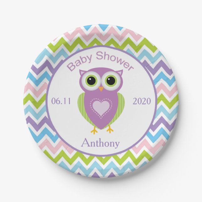 Colorful owl, zigzag pattern baby shower Plate (Front)