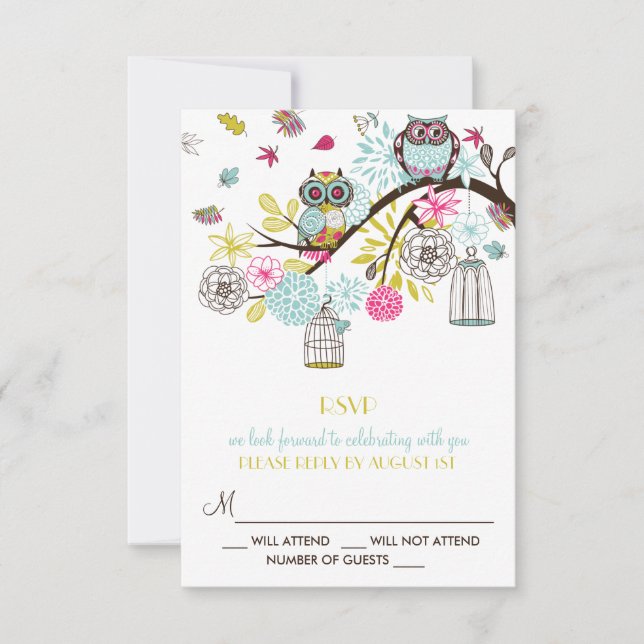 Colorful Owls and Falling Leaves RSVP Card (Front)