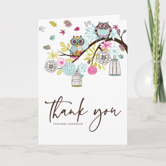 Colorful Owls and Falling Leaves Thank You Card (Front)