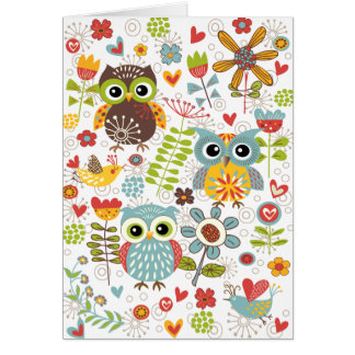 Colorful Owls and Flowers Happy Card