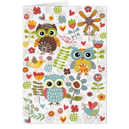 Colorful Owls and Flowers Happy Card (Front)