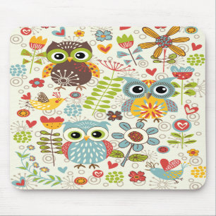 Colorful Owls and Flowers Happy Mousepad