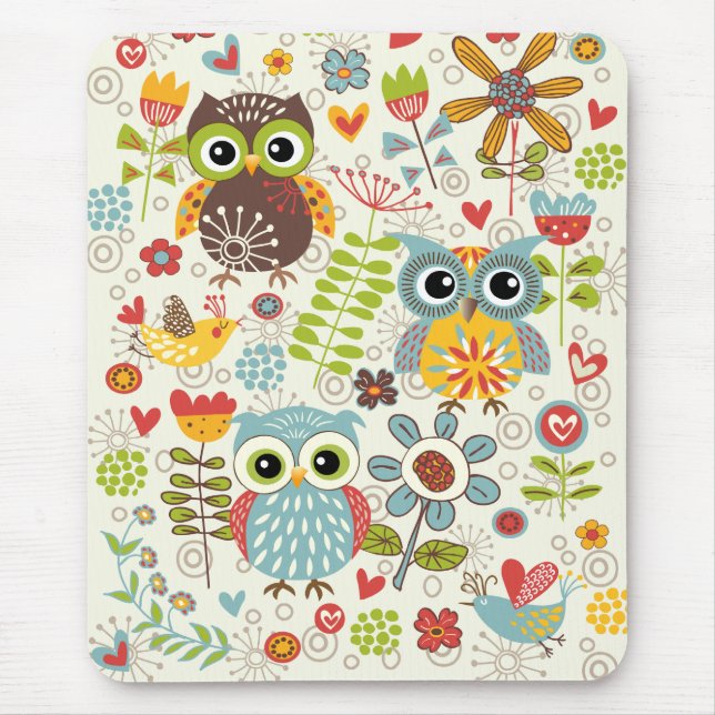 Colorful Owls and Flowers Happy Mousepad (Front)