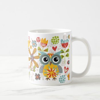 Colorful Owls And Flowers Happy Mug by kazashiya at Zazzle