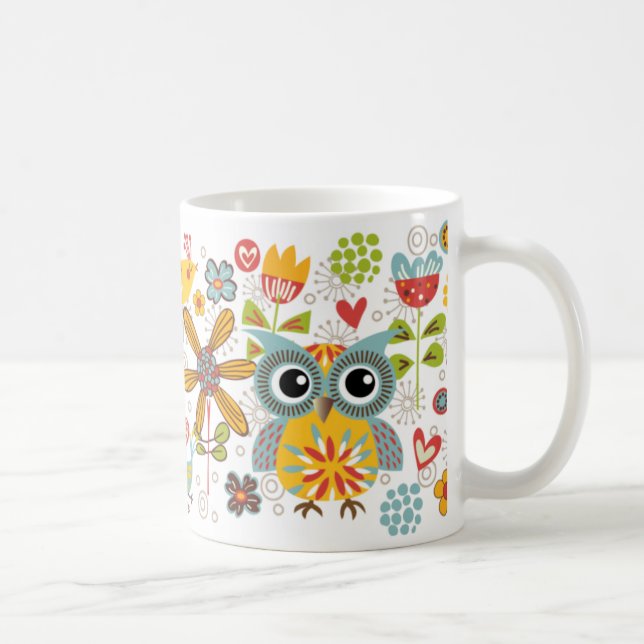 Colorful Owls and Flowers Happy Mug (Right)
