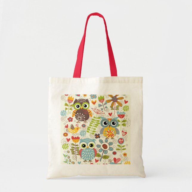 Colorful Owls and Flowers Tote Bag (Front)