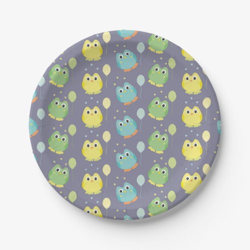 colorful owls cartoon printed grey paper plates