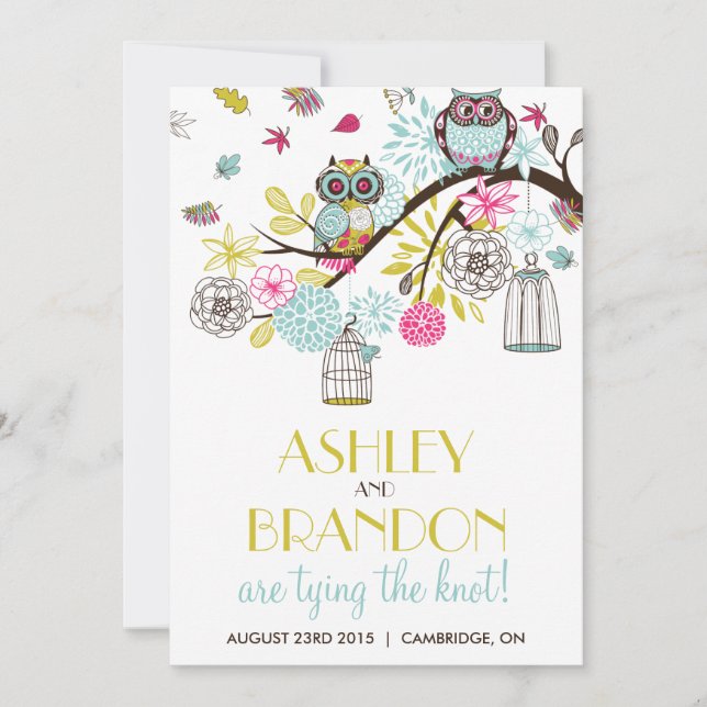Colorful Owls & Falling Leaves Wedding Invitation (Front)