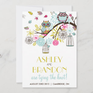 Colorful Owls & Falling Leaves Wedding Invitation