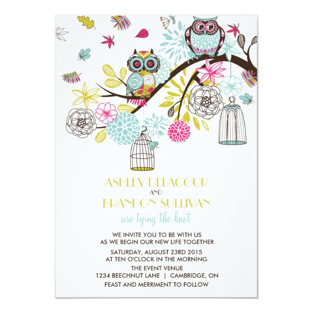 Colorful Owls & Falling Leaves Wedding Invitation