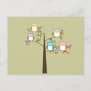 Colorful Owls in Pretty Tree Calender Postcard
