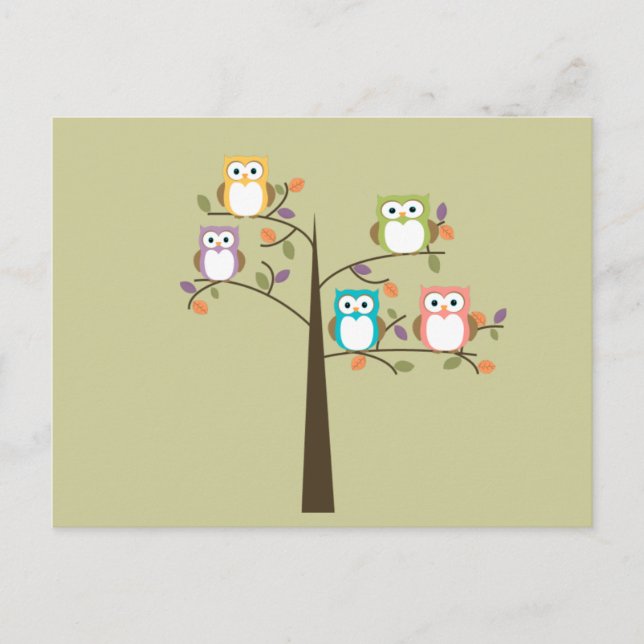 Colorful Owls in Pretty Tree Cue Cards (Front)