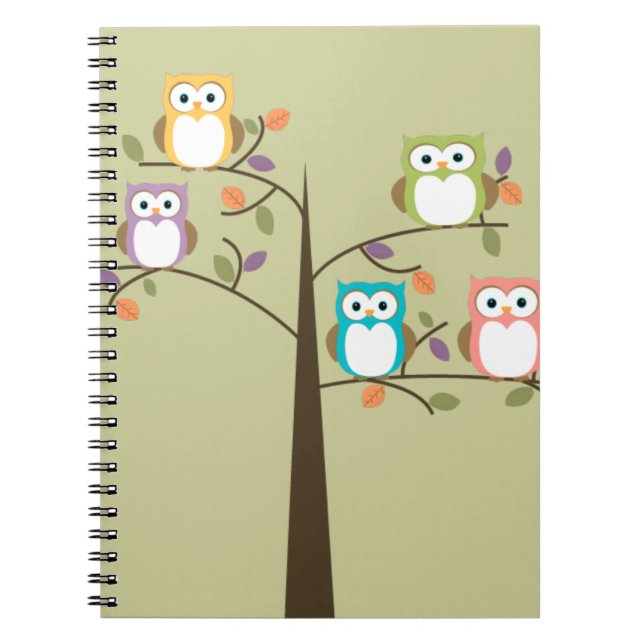 Colorful Owls in Pretty Tree Notebook (Front)