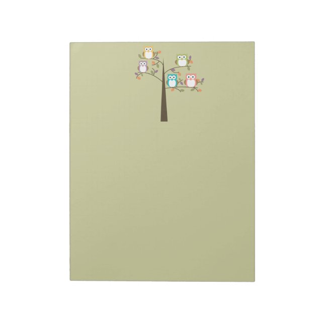 Colorful Owls in Pretty Tree Notepad (Rotated)