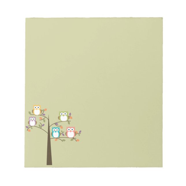 Colorful Owls in Pretty Tree Notepad (Front)