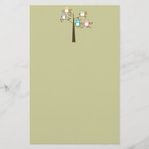 Colorful Owls in Pretty Tree Stationery