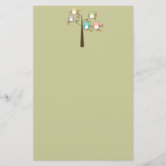 Colorful Owls in Pretty Tree Stationery