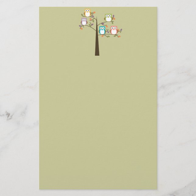 Colorful Owls in Pretty Tree Stationery (Front)