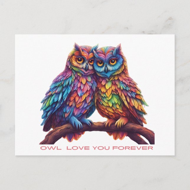 Colorful Owls-Love Birds-Valentine's Day  Postcard (Front)