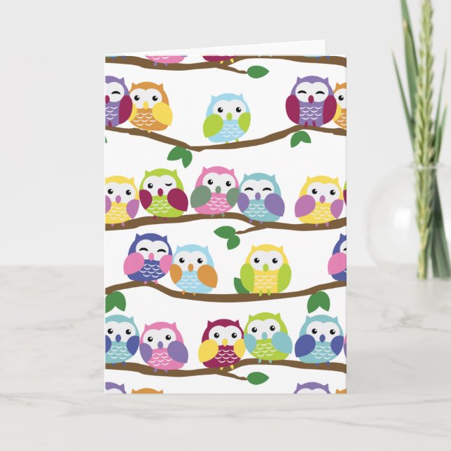 Colorful owls on a branch card (Front)