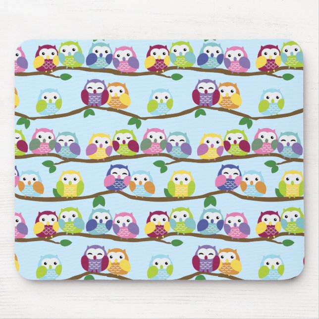Colorful owls on a branch mouse pad (Front)