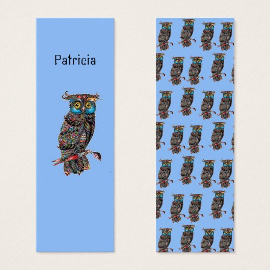 Colorful owls on blue monogram bookmark (Front & Back)