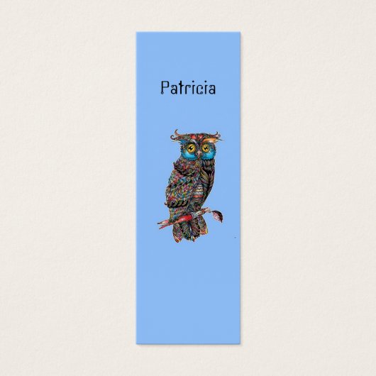 Colorful owls on blue monogram bookmark (Front)