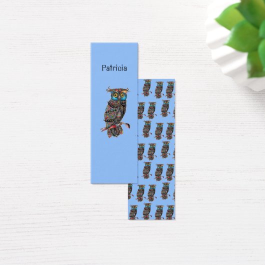 Colorful owls on blue monogram bookmark (Desk)