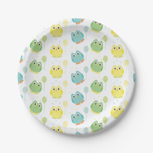 colorful owls with balloons cartoon printed paper plates