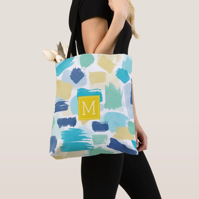 Colorful Paint Brush Strokes and Yellow Monogram Tote Bag (Close Up)