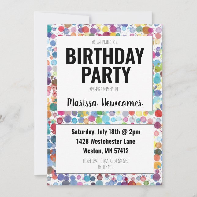Colorful Paint Dots Teenager Birthday Party Invite (Front)