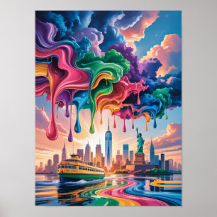 Colorful Paint Dripping Over NYC Harbor Poster