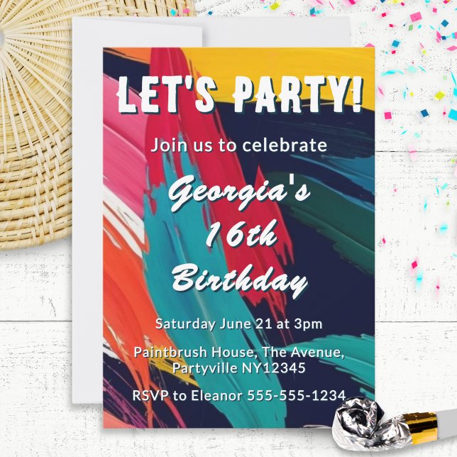 Colorful Paint Effect 16th Birthday Party Invitation (A colorful, bright birthday party invitation, with paint-effect abstract design and custom text)