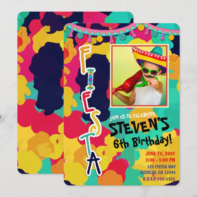 Colorful Paint Fiesta Birthday Party Photo Any Age Invitation (Front/Back)