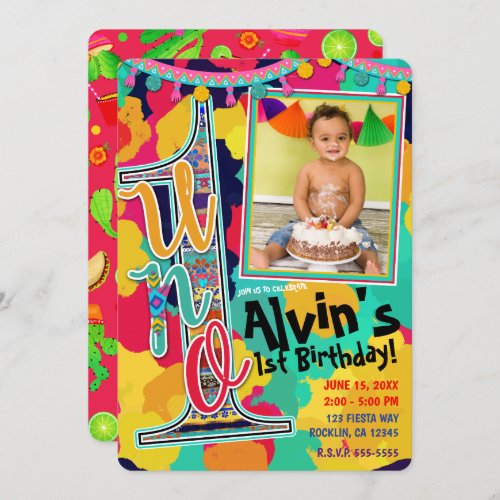 Colorful Paint Fiesta UNO 1st Birthday Party Photo Invitation