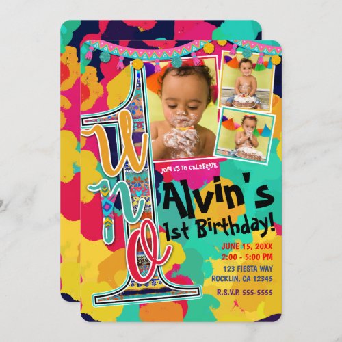 Colorful Paint Fiesta UNO 1st Birthday Party Photo Invitation