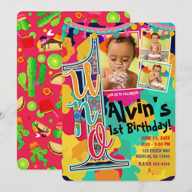 Colorful Paint Fiesta UNO 1st Birthday Party Photo Invitation (Front/Back)